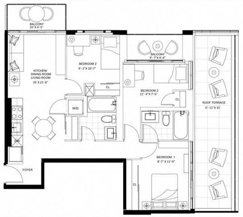 Floor plan for 3 beds, 2 baths, 827 sqft